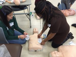 Students practicing CPR on test dummy