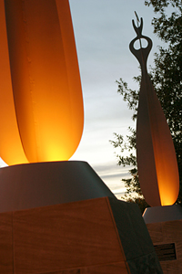 Illuminated at night, the scupltures take on a whole new look.