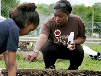 Jamie McDonald, a senior Urban Planning student in the UMKC Department of Architecture, Urban Planning and Design (AUPD) helps a student plant vegetables at Crispus Attucks Elementary School in Kansas City, Mo. In line with its focus on environmental issues, AUPD is working to transform the school and surrounding area into a 21st Century Green Neighborhood.
