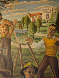 Andy Saffas is depicted in former UKC Professor Joseph A. Fleck's mural on the third floor of Haag Hall. Saffas took art classes from Fleck, Luis Quintanilla, Burnett H. Shryock and Walter Rosenbauer.