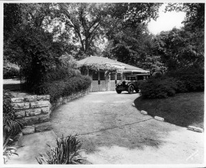 Back of Tureman House showing garage and vintage car.  House now the Toy and Miniature Museum, UMKC campus