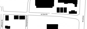 A figure-ground diagram of Jefferson St. to Broadway Blvd. displaying conditions in present day.