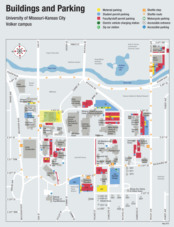 Map of UMKC Volker campus with parking highlighted