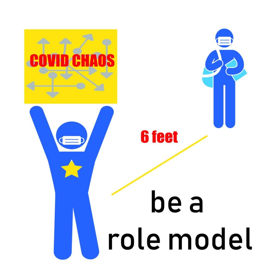 stick figure holding a box labeled covid chaos