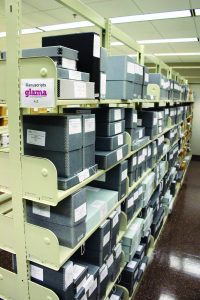 Photo showing the aisles of boxes and files that make up the archive.