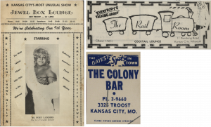 Images of advertisements for the Jewel Box, the Rail Room, and a matchbook from The Colony Bar, claiming to be "The Gayest Bar in Town!"