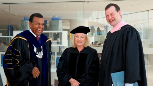 Julia Irene Kauffman celebrates her honorary doctorate with Chancellor Leo E. Morton and Dean Peter Witte