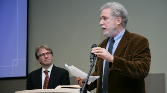 Innocence Project co-founder Peter Neufeld addresses the 2012 Innocence Network Conference as co-founder Barry Scheck looks on