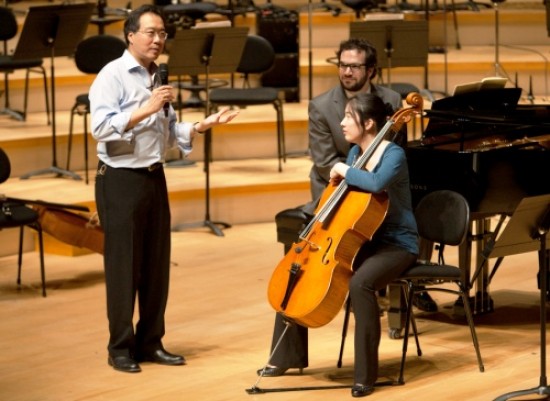 UMKC Conservatory students, cellist Wei Shen and pianist Tate Addis, in a Master Class with virtuoso cellist Yo-Yo Ma.