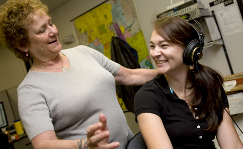 Part of Patty Cahill's inspirational mentoring includes humor. Here, she and Kara Caldwell share a laugh at KCUR.