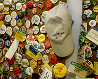 An estimated 500 buttons make up an eclectic collection that covers a large part of Cahill's office wall.