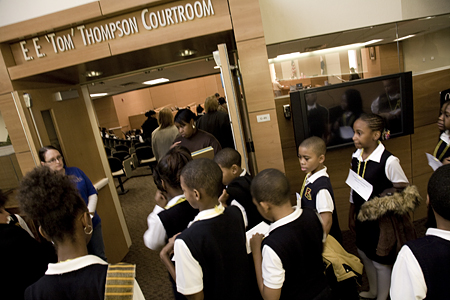Fourth and fifth graders file into the E.E. 'Tom' Thompson courtroom at UMKC's School of Law for the 4th annual ACE spelling bee.