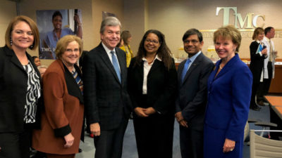 U.S. Senator Roy Blunt led a roundtable on the opioid crisis Oct. 15 at Truman Medical Centers. UMKC announced its newest grant to address the national problem. From left: Laurie Krom, Patricia Stilen, Blunt, Holly Hagle, Chancellor Mauli Agrawal, Ann Cary, dean of the School of Nursing and Health Studies