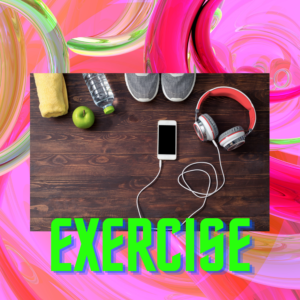 gym shoes, water bottle, apple, towel, phone, and phones with text 'exercise'