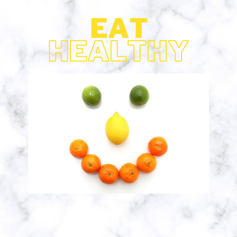 limes, lemon, and oranges shaped in a smile with text 'eat healthy'